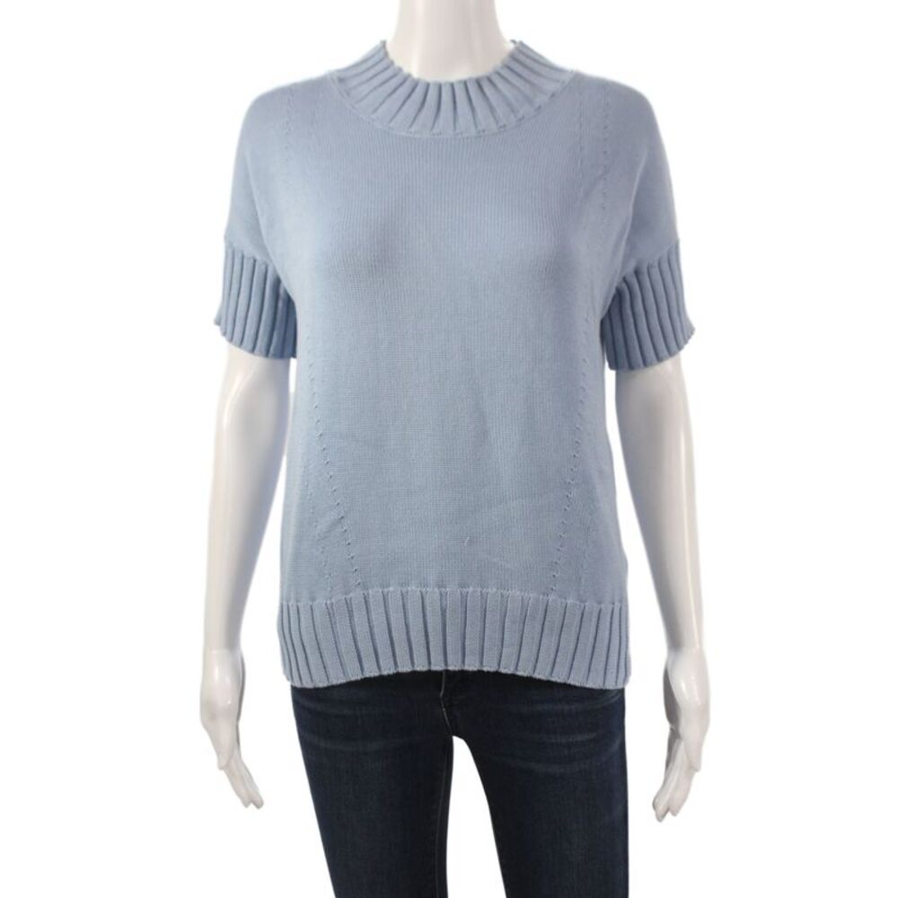 Kokun Womens Blue Cotton Mock Neck Short Sleeve Pullover Solid Spring Size XS
